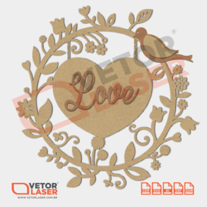 Vetor Mandala Coração Love Passarinho para corte com máquina Laser em MDF