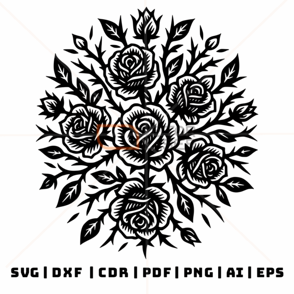 Flores Rosas Mandala - Arquivos Vetorizados SVG, DXF, CDR, PDF, PNG, Ai e EPS