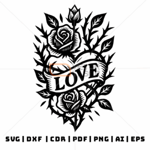Coração Love Rosas e Espinhos - Arquivos Vetorizados SVG, DXF, CDR, PDF, PNG, Ai e EPS