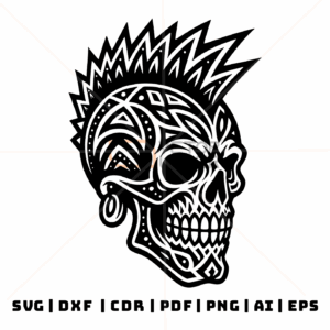 Caveira Moicano Punk Rock - Arquivos Vetorizados SVG, DXF, CDR, PDF, PNG, Ai e EPS